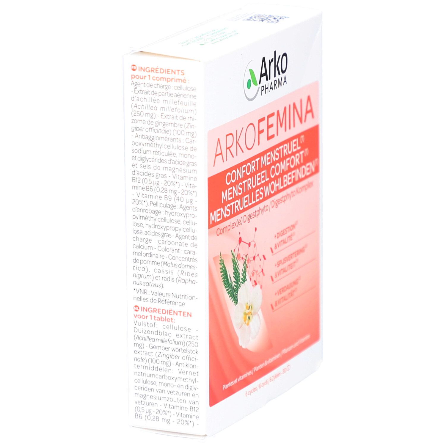 Arkofemina-Verpackung, Seitenansicht. Text: Confort Menstruel. Inhaltsstoffe und Nährwertangaben. Logo Arkopharma. Weiße Schachtel.