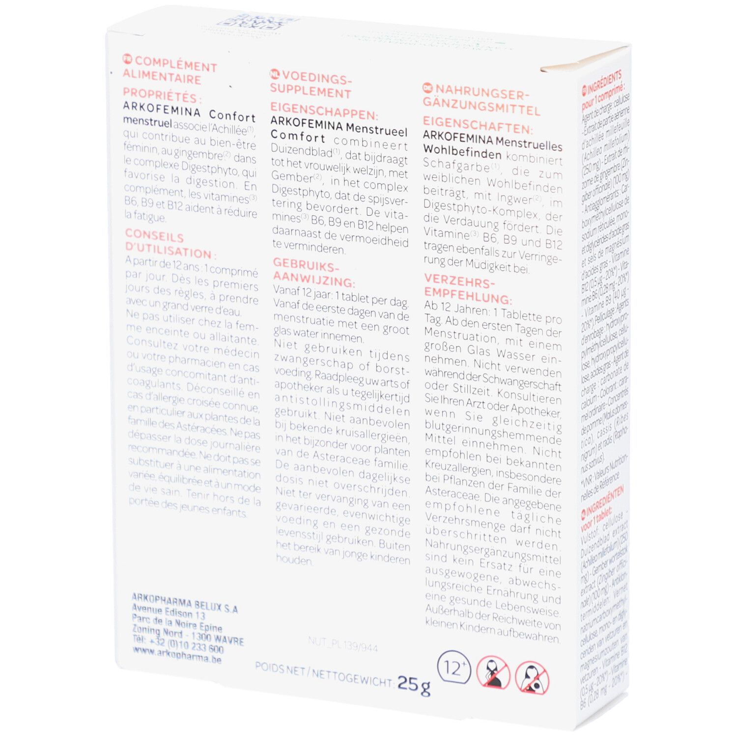 Rückseite der Arkofemina-Verpackung. Text: Confort Menstruel. Informationen zur Anwendung. Weiße Schachtel mit Text.