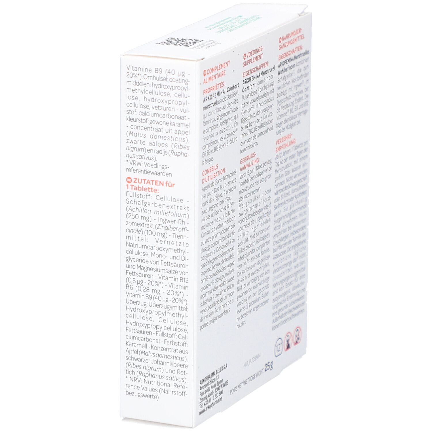 Seitenansicht der Arkofemina-Verpackung. Text: Confort Menstruel. Inhaltsstoffe und Nährwertangaben. Weiße Schachtel.