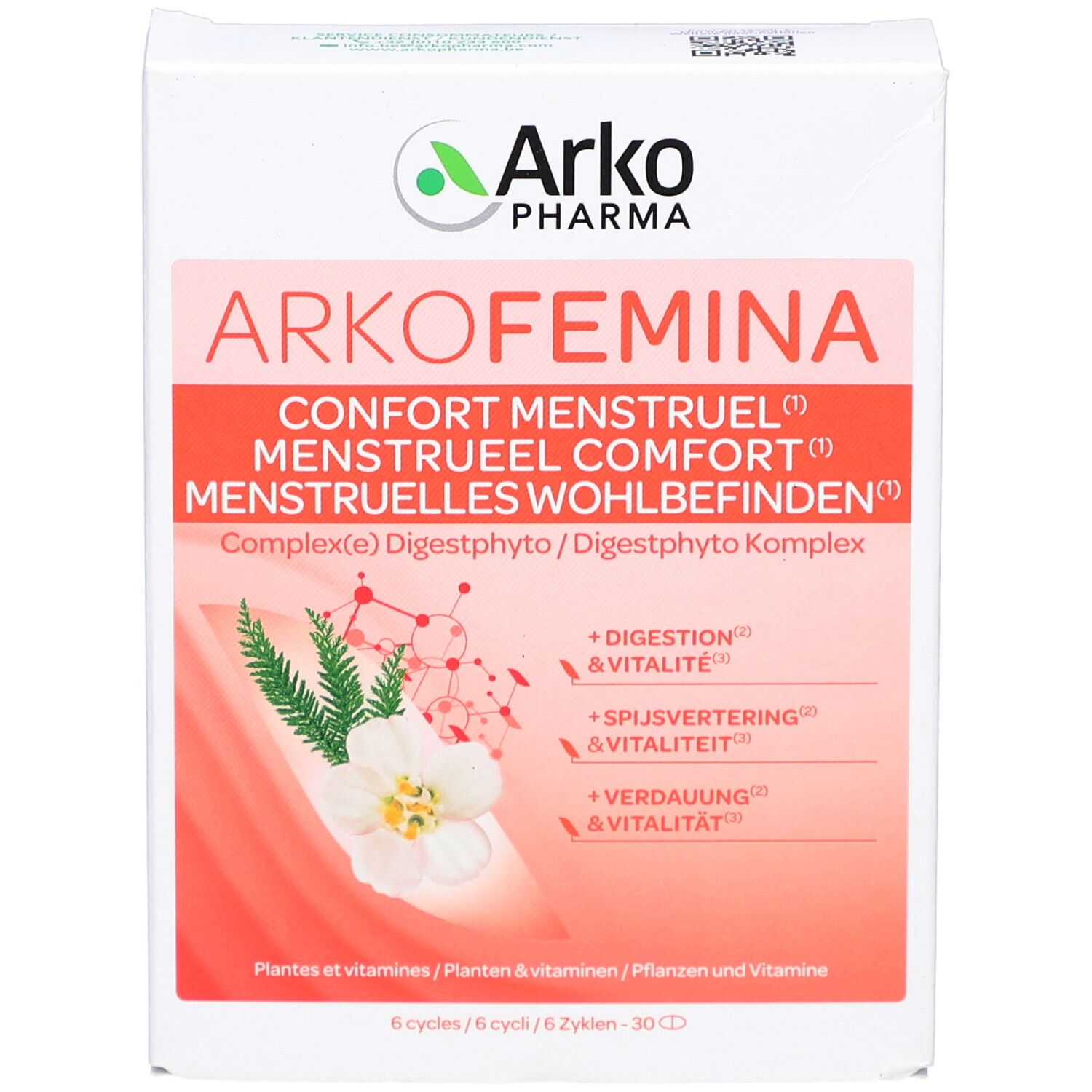 Arkofemina-Verpackung. Text: Confort Menstruel, Digestphyto Komplex. Logo Arkopharma. Weiße Schachtel mit rotem Design.