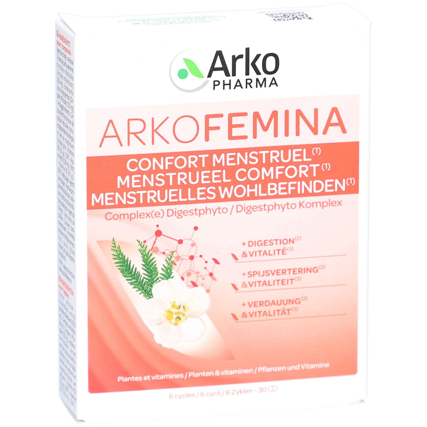 Arkofemina-Verpackung. Text: Confort Menstruel, Digestphyto Komplex. Logo Arkopharma. Weiße Schachtel mit rotem Design.