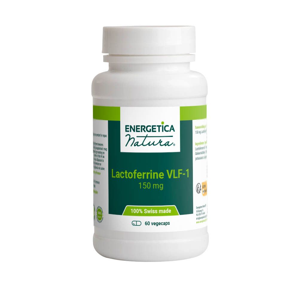 Flacon blanc avec étiquette verte. Energetica Natura Lactoferrin VLF-1, 150 mg. 60 gélules végétales. 100% Swiss made.
