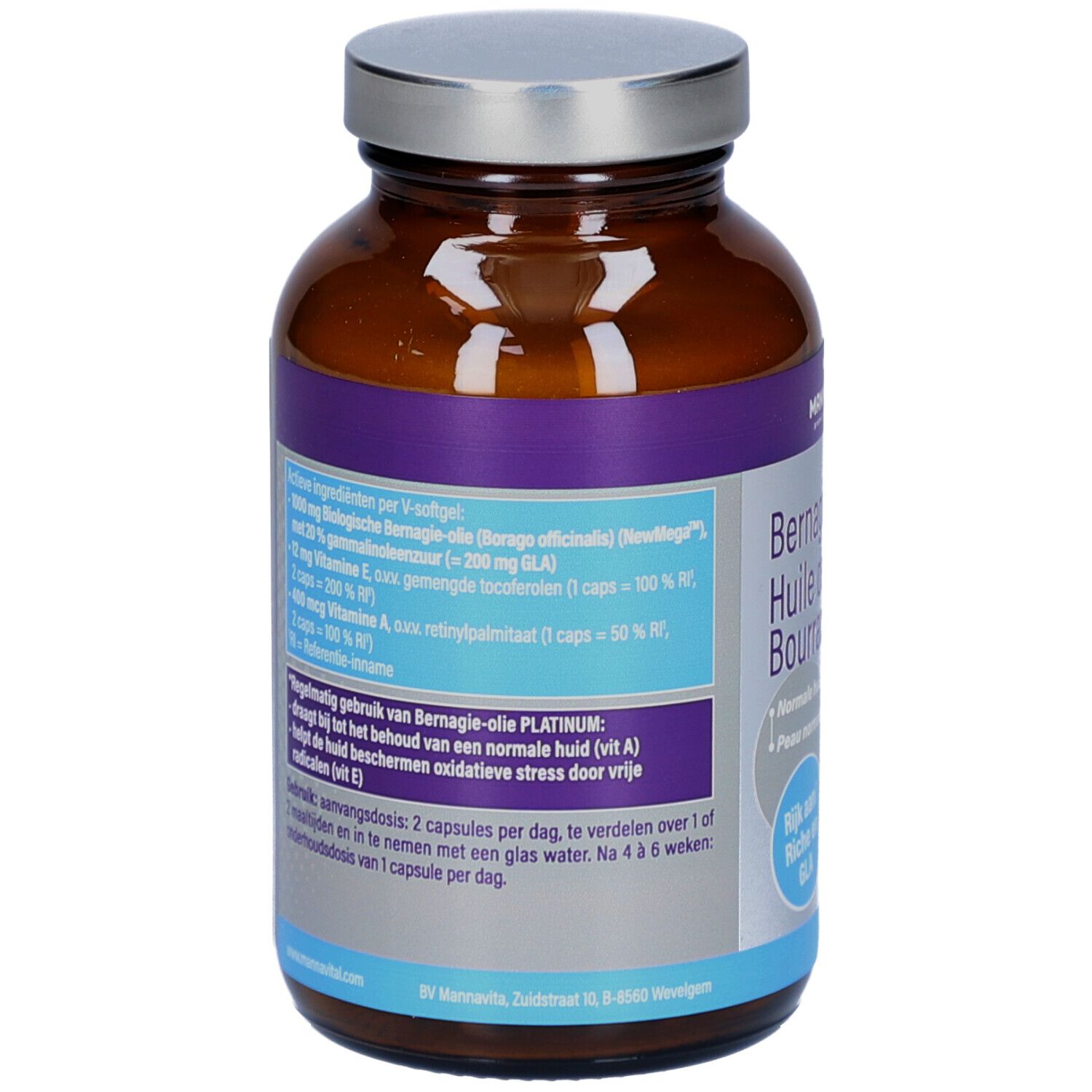 Dos du flacon. Étiquette avec ingrédients et instructions d'utilisation. Contient 60 gélules.