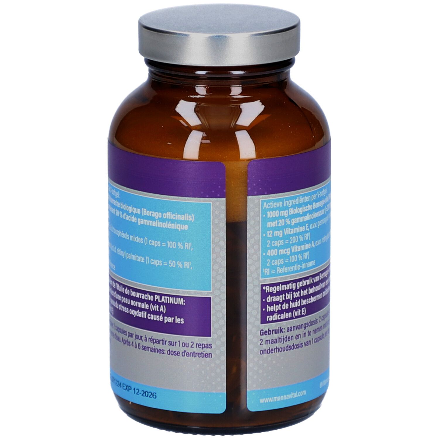 Dos du flacon. Étiquette avec ingrédients et instructions d'utilisation. Contient 60 gélules.