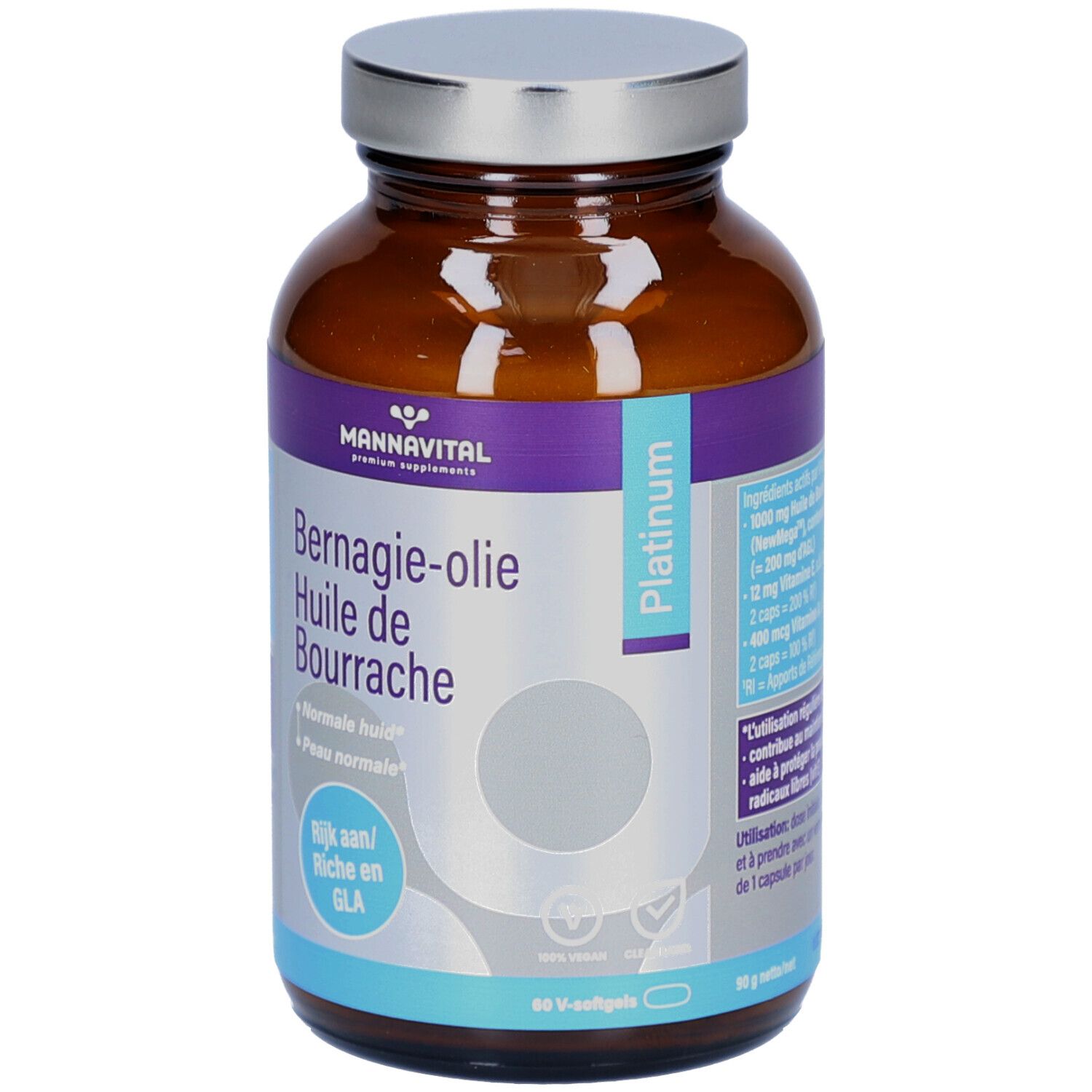 Flacon en verre brun avec couvercle argenté. Étiquette avec nom du produit et logo. Contient 60 gélules.