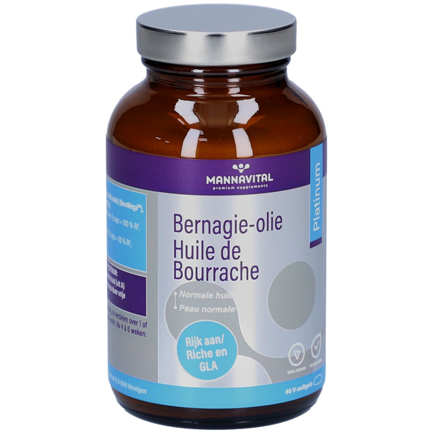 Flacon en verre brun avec couvercle argenté. Étiquette avec nom du produit et logo. Contient 60 gélules.