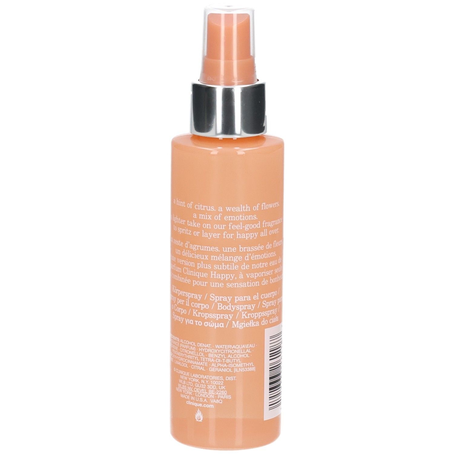 Körper-Spritz-Flasche. Pfirsichfarbenes Glas mit Text. Schriftzug: Clinique Happy, Body Spritz, brume pour le corps.