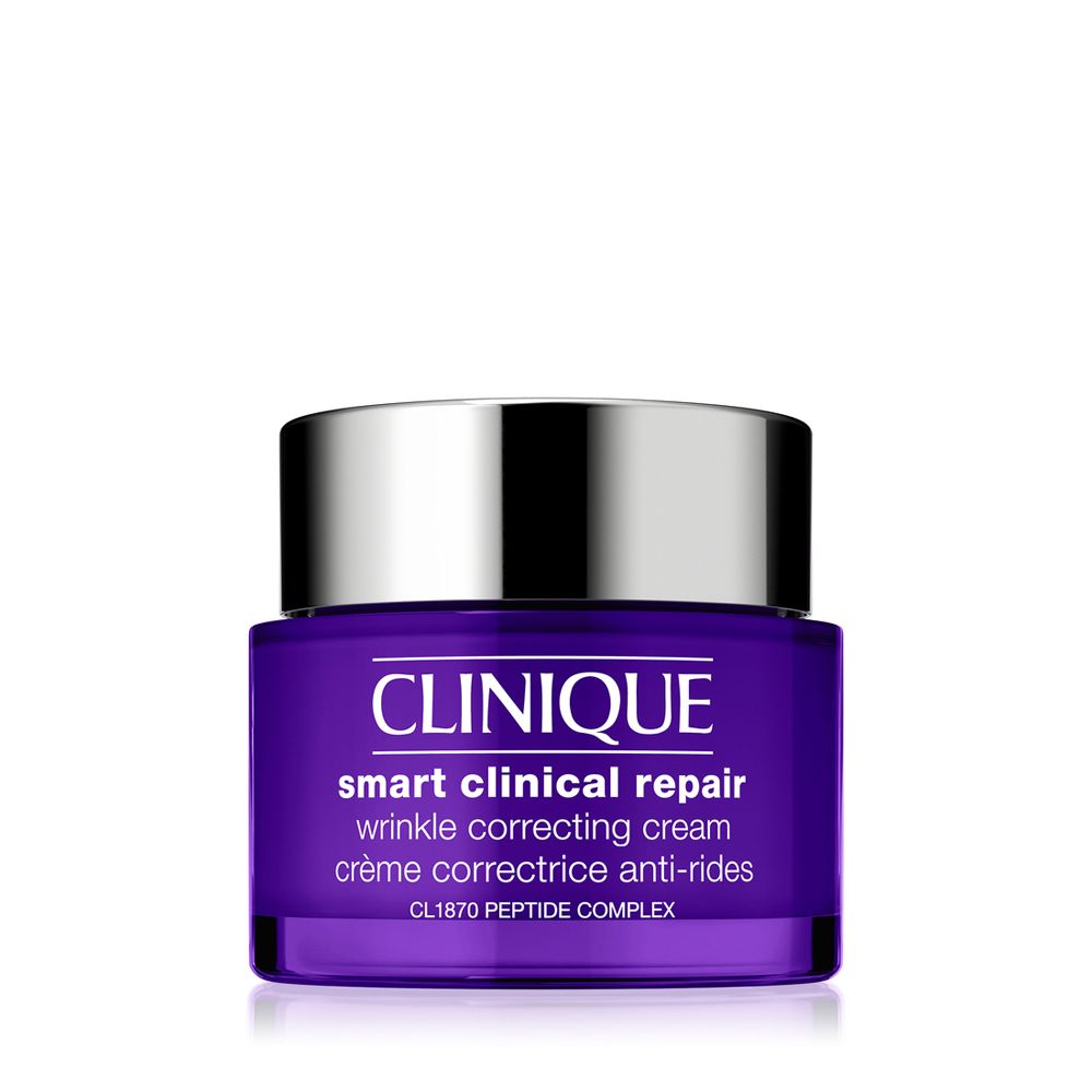 Clinique Smart Clinical Repair Creme. Lila Glas, silberner Deckel. Text: Wrinkle Correcting Cream.
