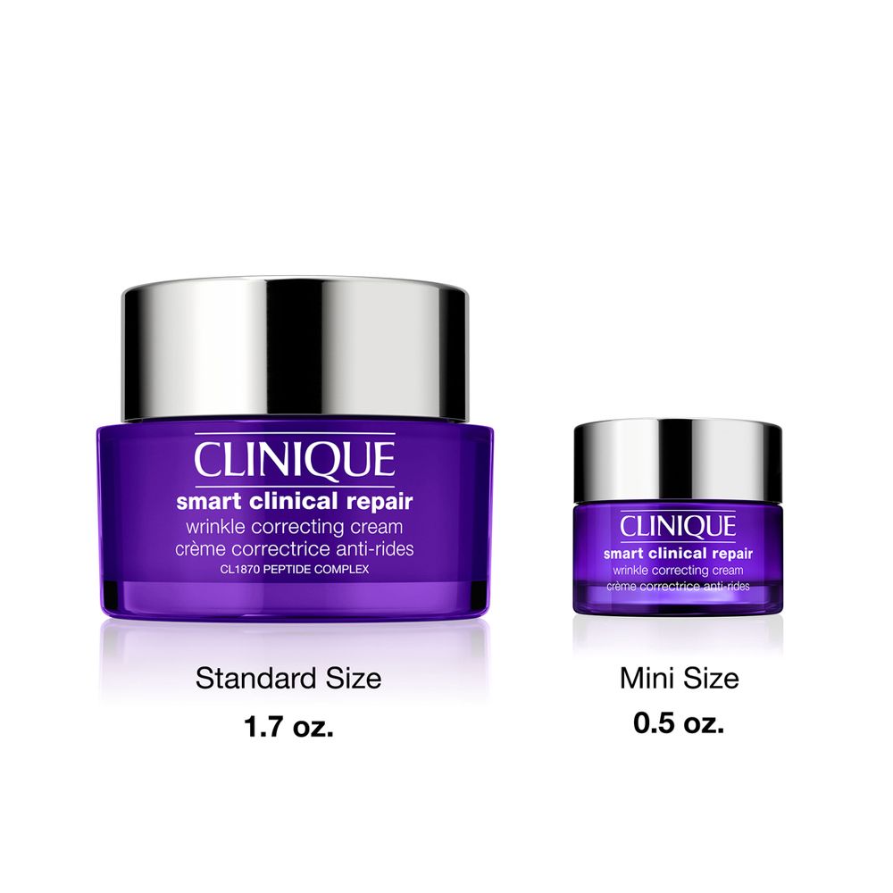Clinique Smart Clinical Repair Creme. Standard- und Mini-Größe. Lila Tiegel, silberner Deckel. Text.