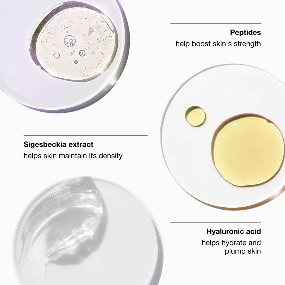 Gros plan sur les ingrédients. Peptides, extrait de Sigesbeckia, acide hyaluronique.