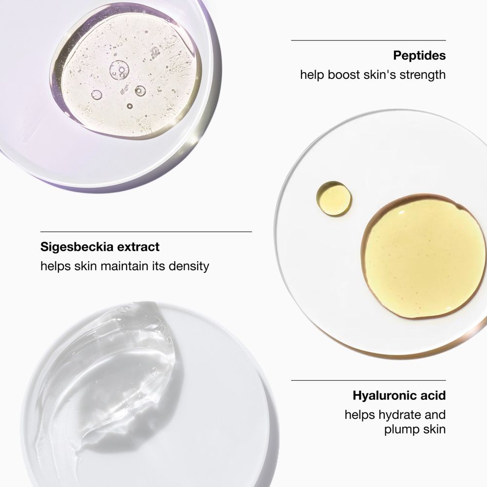 Gros plan sur les ingrédients. Peptides, extrait de Sigesbeckia, acide hyaluronique.