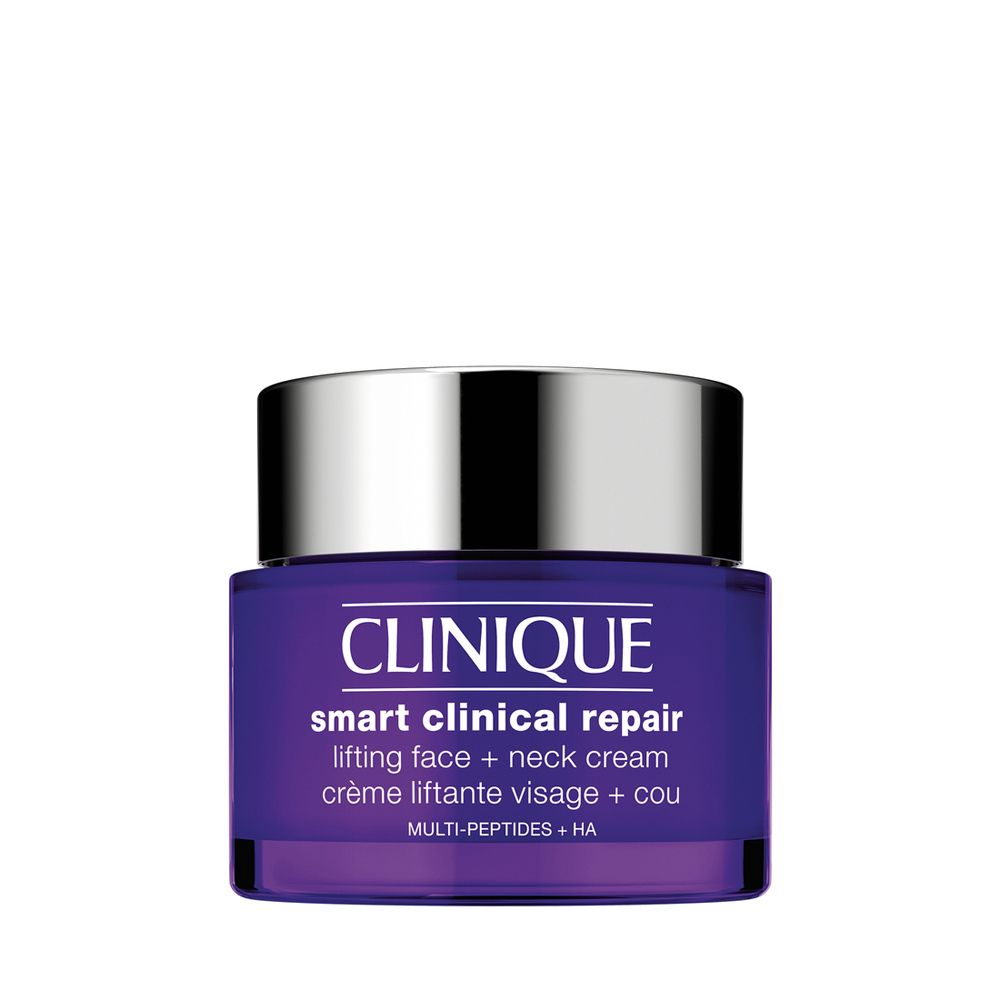 Pot de crème avec couvercle argenté. Inscription : Clinique Smart Clinical Repair Lifting Face + Neck Cream.