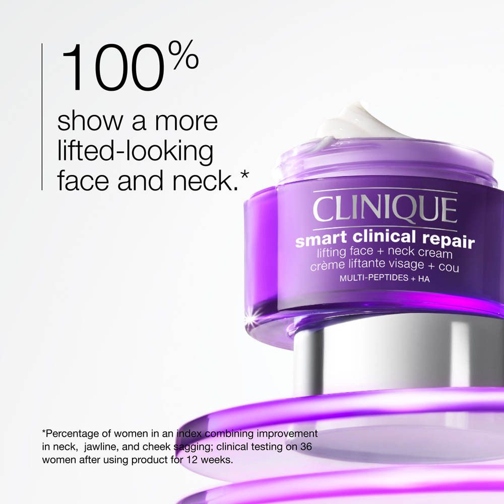 Pot de crème avec crème. Texte : Clinique Smart Clinical Repair. 100% montrent un visage et un cou liftés.