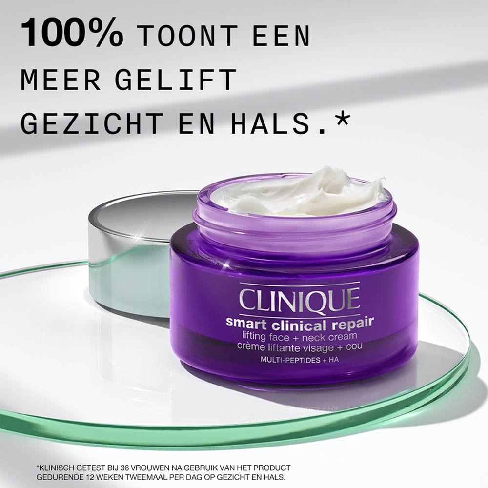 Pot de crème avec crème. Texte : Clinique Smart Clinical Repair. 100% montrent un visage et un cou liftés.
