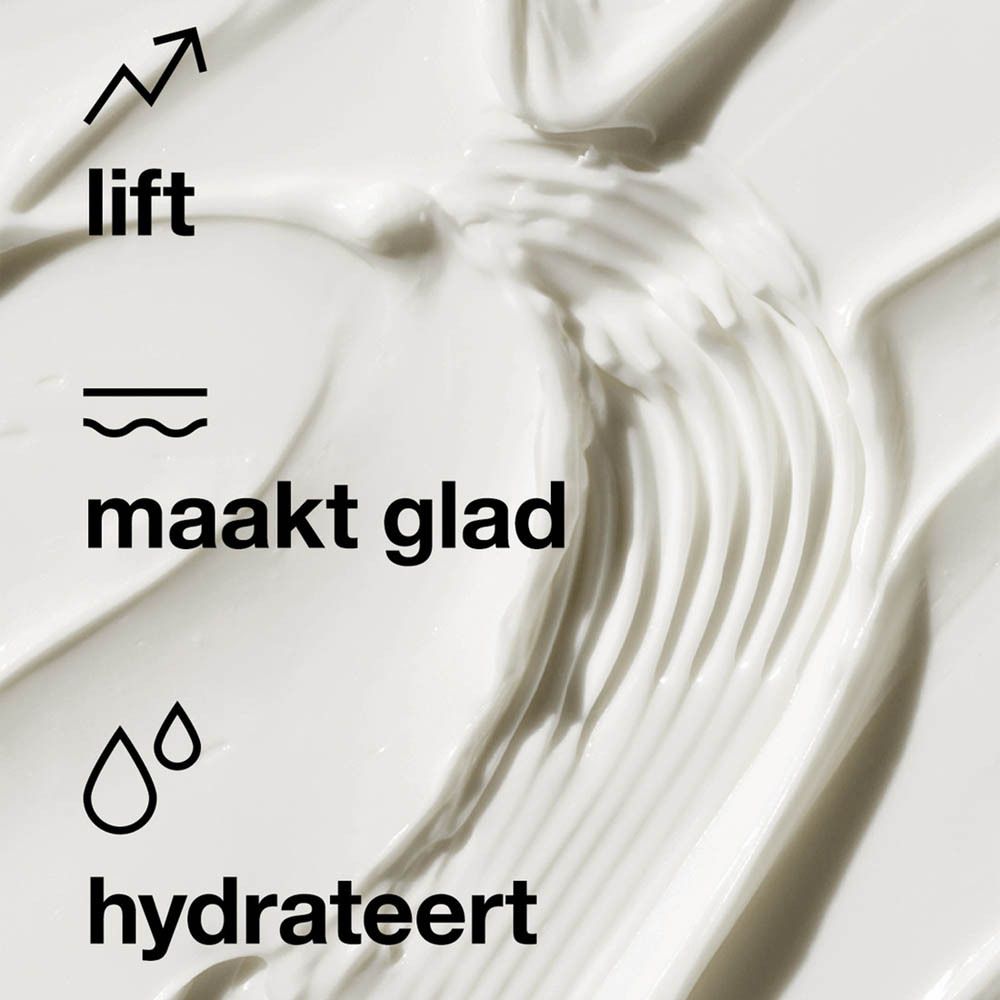 Texture de la crème. Flèche : lifter. Ligne : lisser. Gouttes : hydrater.