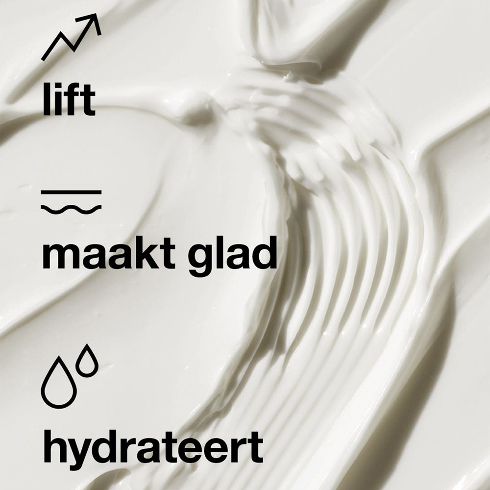 Texture de la crème. Flèche : lifter. Ligne : lisser. Gouttes : hydrater.