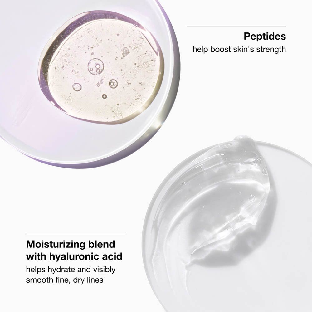 Gros plan sur les ingrédients. Peptides et acide hyaluronique. Texte : Mélange hydratant.