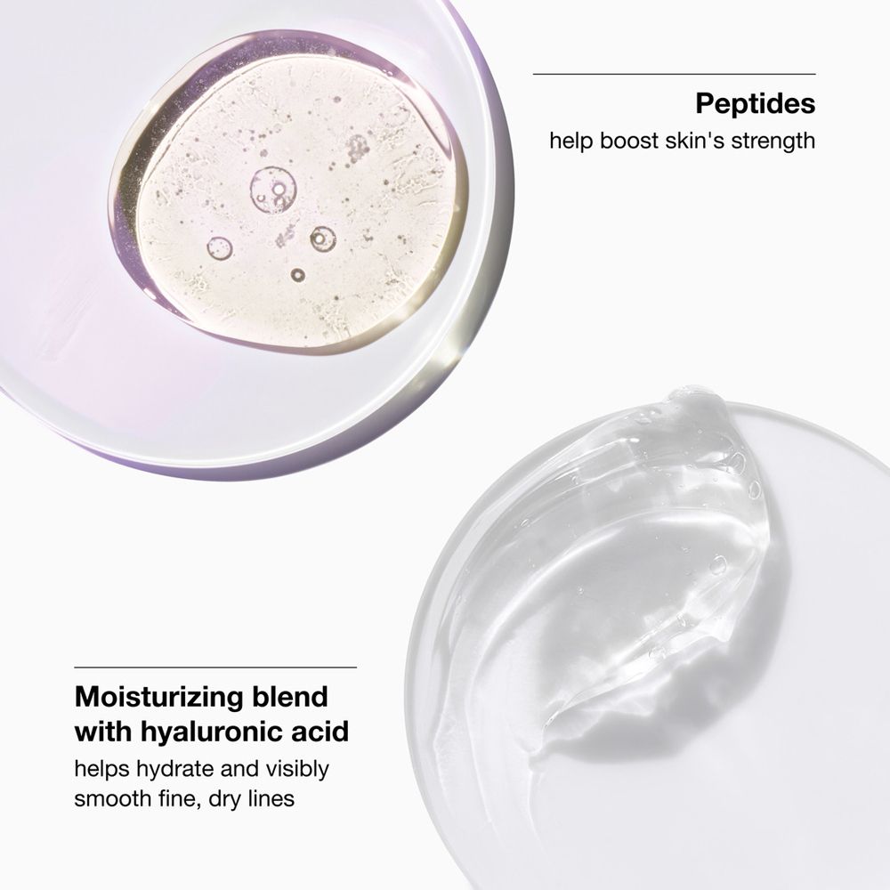 Gros plan sur les ingrédients. Peptides et acide hyaluronique. Texte : Mélange hydratant.