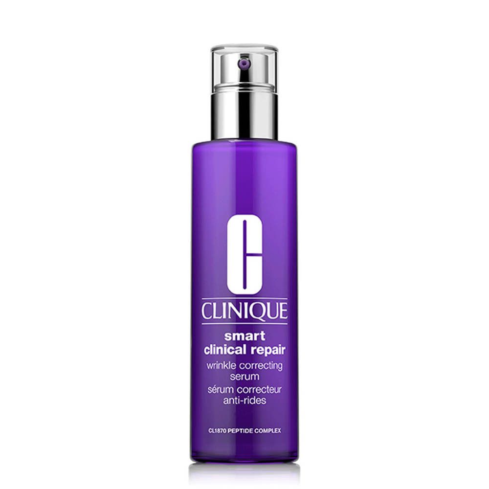 Flacon violet avec sérum. Tête de pulvérisation argentée. Texte : Clinique Smart Clinical Repair.