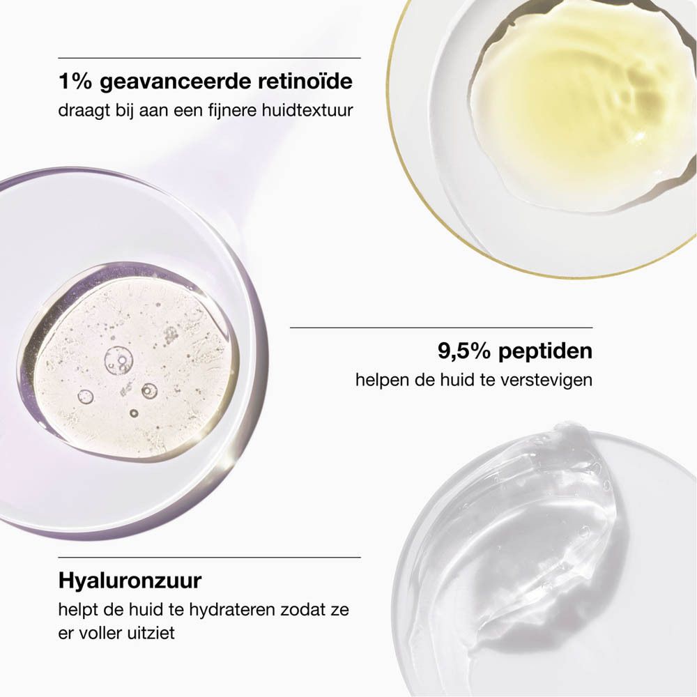 Gros plan sur les ingrédients : rétinoïdes, peptides, acide hyaluronique.