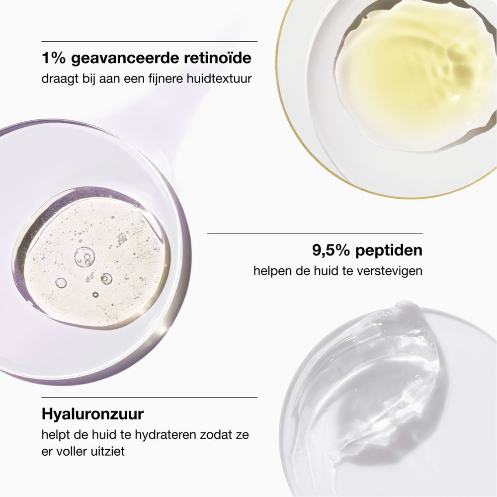 Nahaufnahme von Inhaltsstoffen: Retinoide, Peptide, Hyaluronsäure.