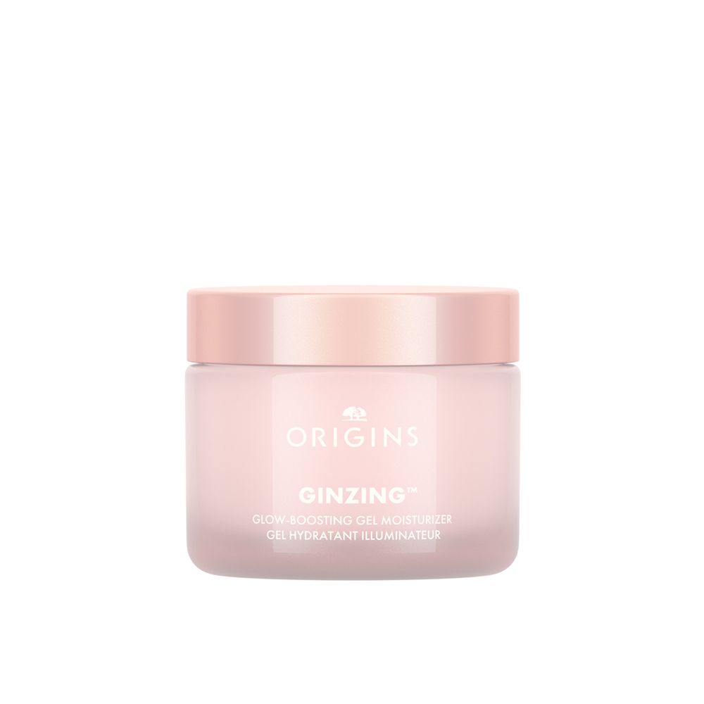 Rosa Tiegel mit Deckel. Aufschrift: ORIGINS GINZING Glow-Boosting Gel Moisturizer.