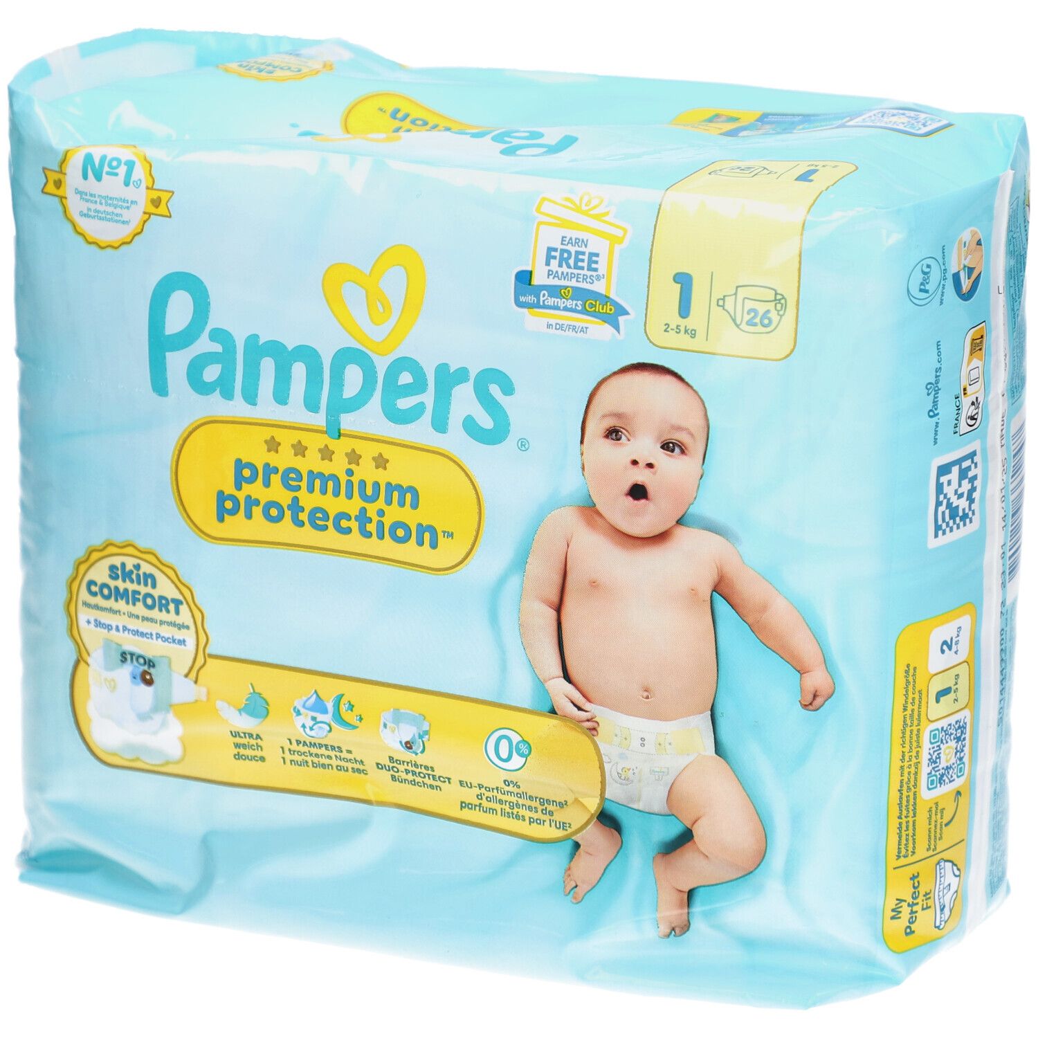 Pampers Premium Protection Windeln, Packung mit Baby, Größe 1, 26 Stück. Verpackung mit Produktinformationen und Logo.