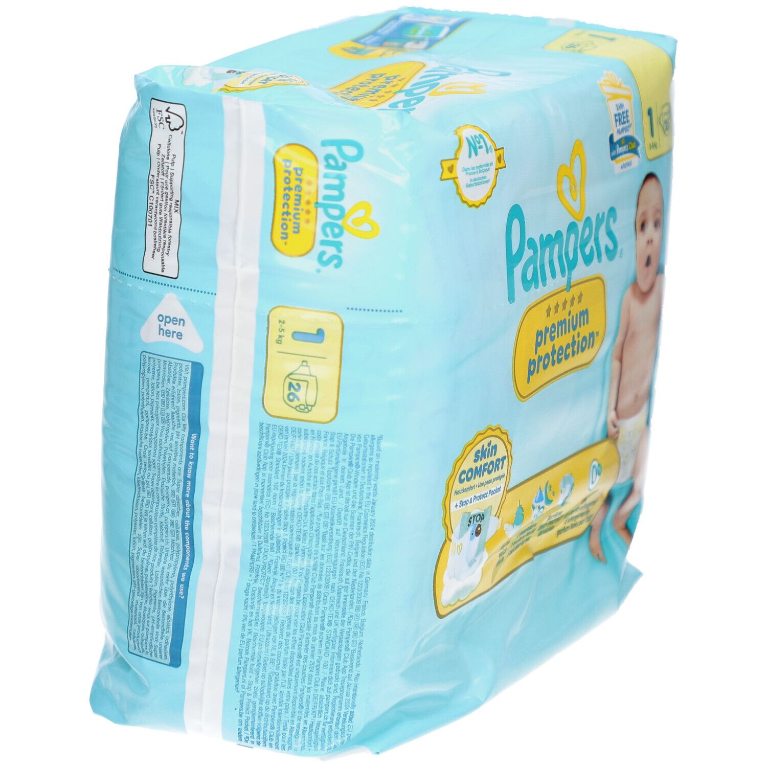 Pampers Premium Protection Windeln, Packung, Größe 1. Verpackung mit Produktinformationen und Logo.