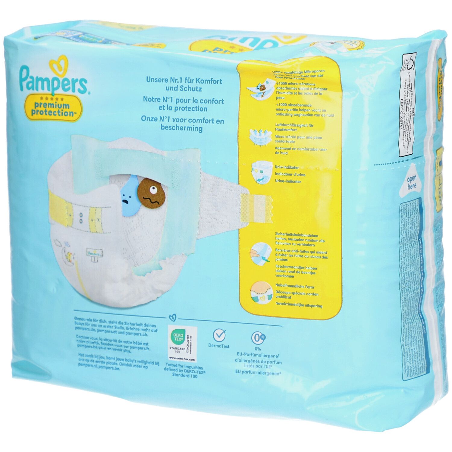 Rückseite der Pampers Premium Protection Windelpackung. Produktinformationen, Windel-Illustrationen und Logo.