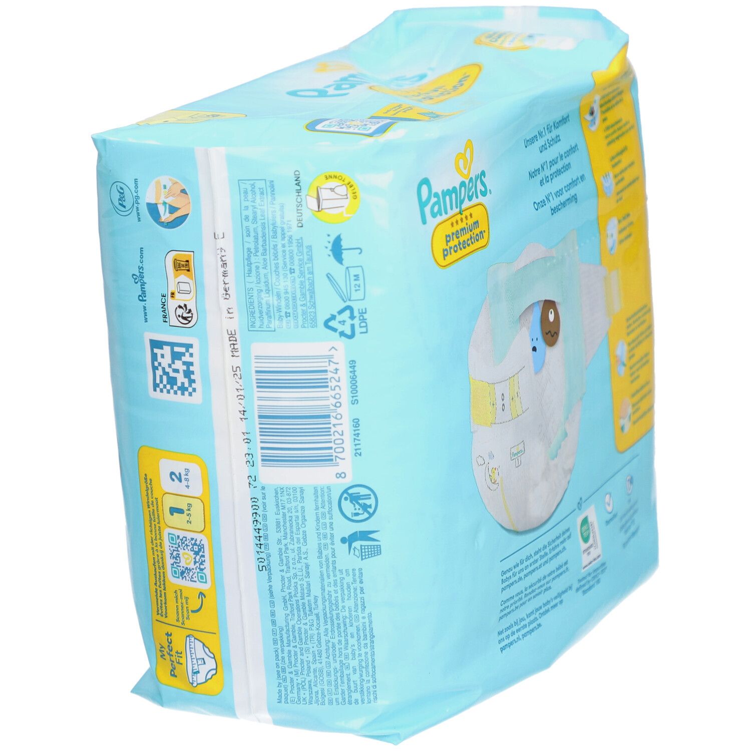 Pampers Premium Protection Windelpackung, Größe 1. Verpackung mit Produktinformationen und Logo.