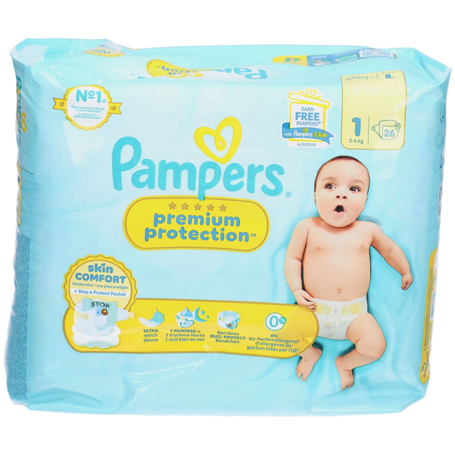 Pampers Premium Protection Windeln, Packung mit Baby, Größe 1, 26 Stück. Verpackung mit Produktinformationen und Logo.