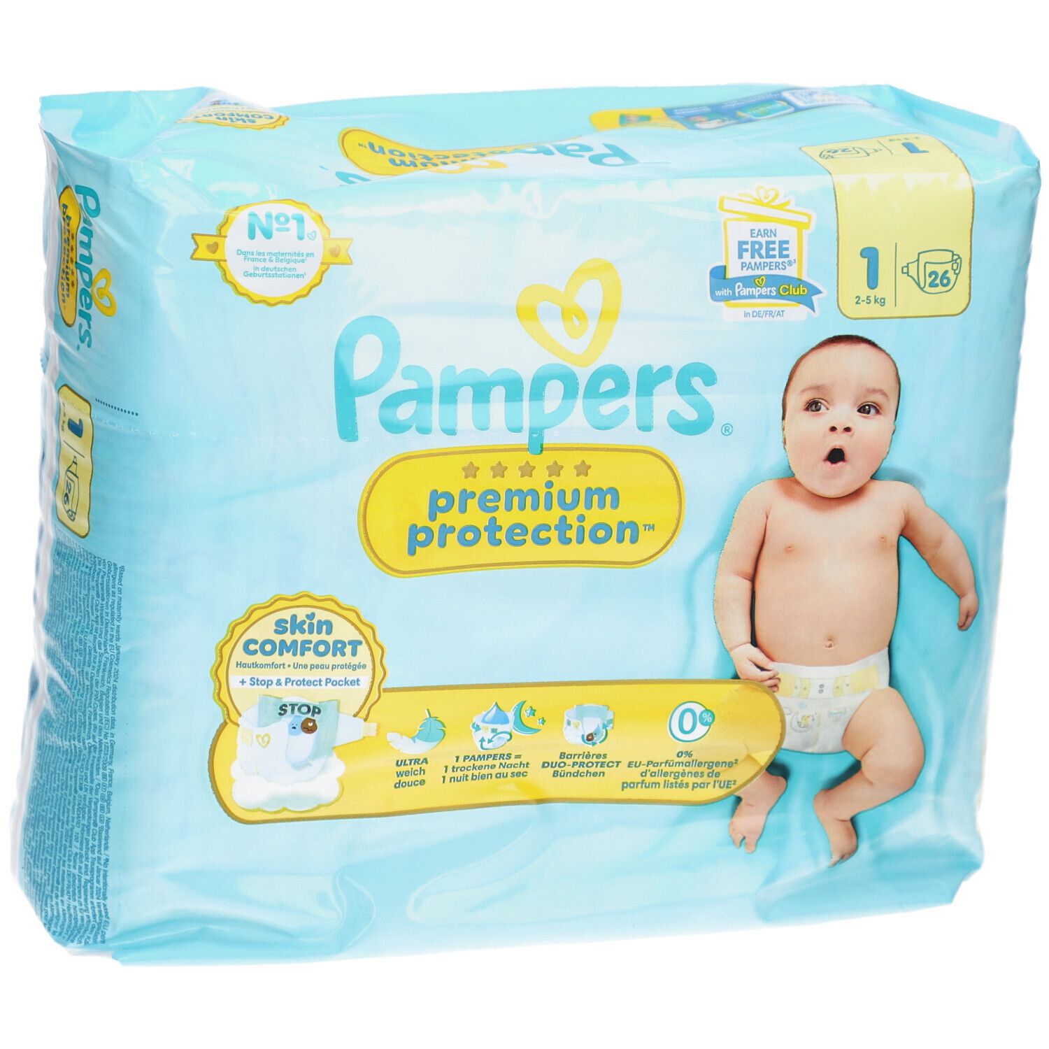 Pampers Premium Protection Windeln, Packung mit Baby, Größe 1, 26 Stück. Verpackung mit Produktinformationen und Logo.