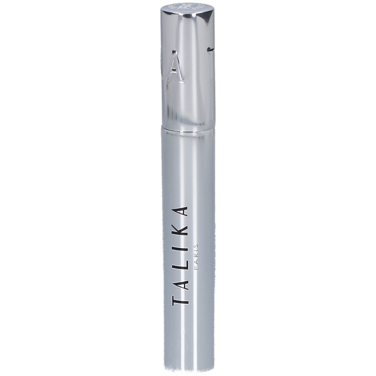 Tube de mascara argenté avec inscription TALIKA PARIS. Vue verticale.