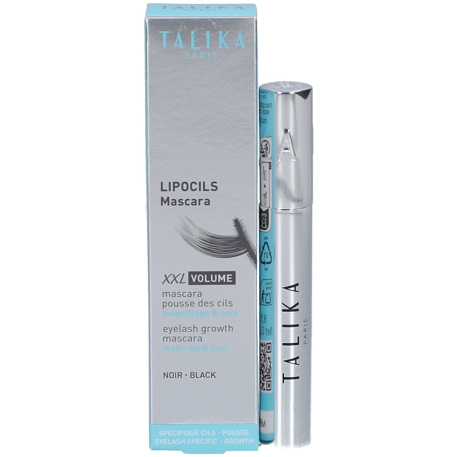 Tube de mascara et emballage. Emballage avec nom du produit et marque TALIKA. Vue verticale.