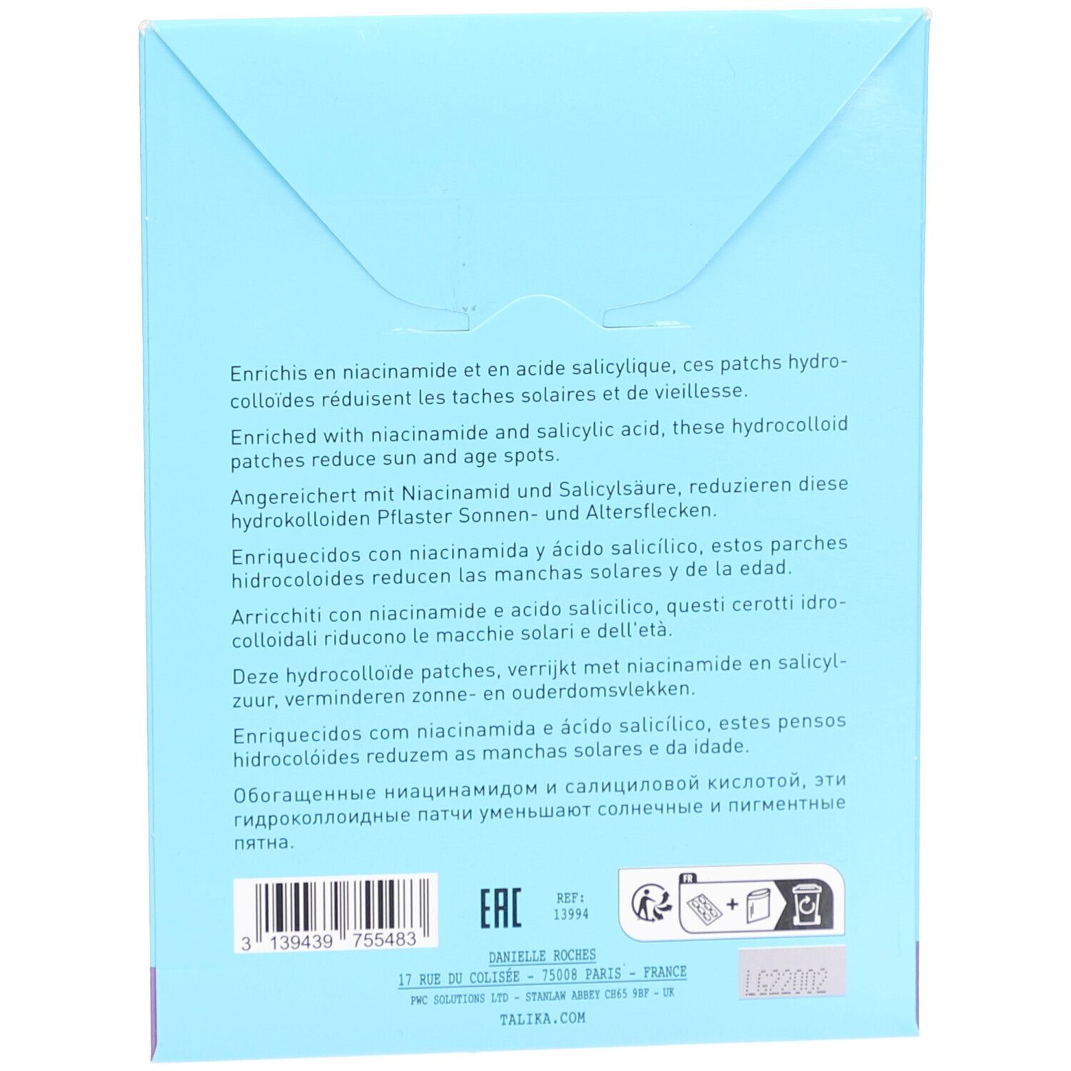 Rückseite der Verpackung mit Produktinformationen. Text: Angereichert mit Niacinamid und Salicylsäure, reduziert Sonnen- und Altersflecken.