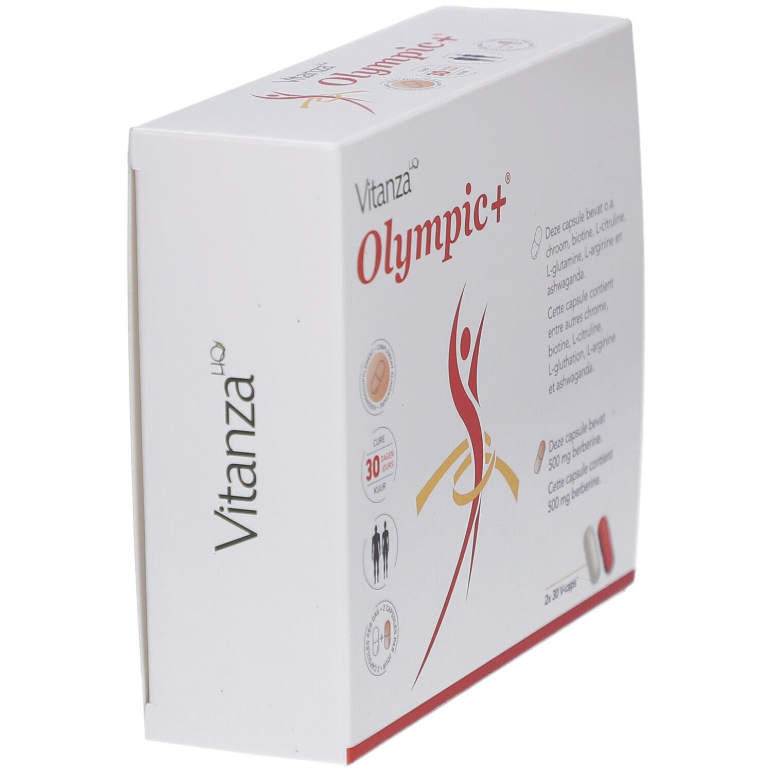 Boîte blanche Vitanza Olympic+. Contient 2x30 gélules. Illustration d'une personne avec un ruban jaune. Vue du produit.