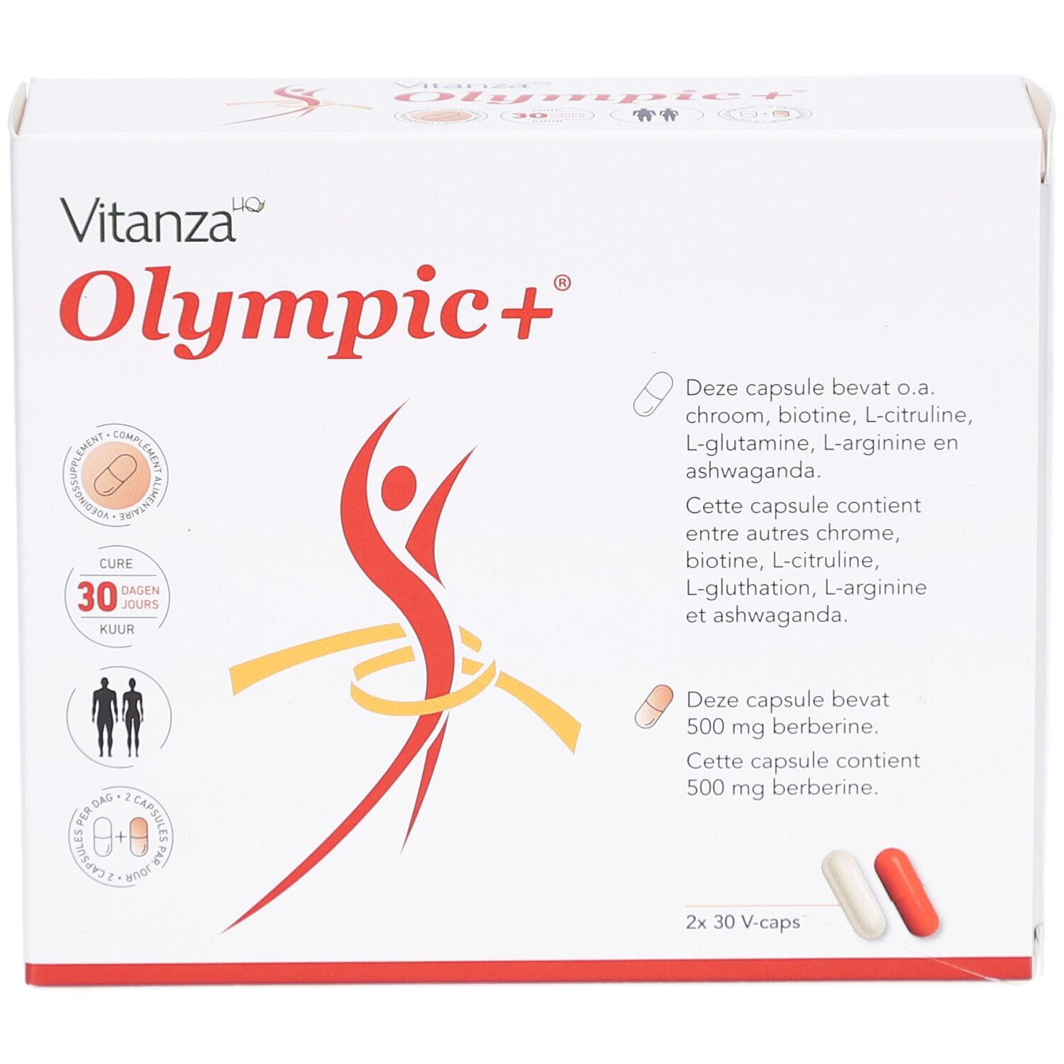 Boîte blanche Vitanza Olympic+. Contient 2x30 gélules. Illustration d'une personne avec un ruban jaune. Texte: Ingrédients.