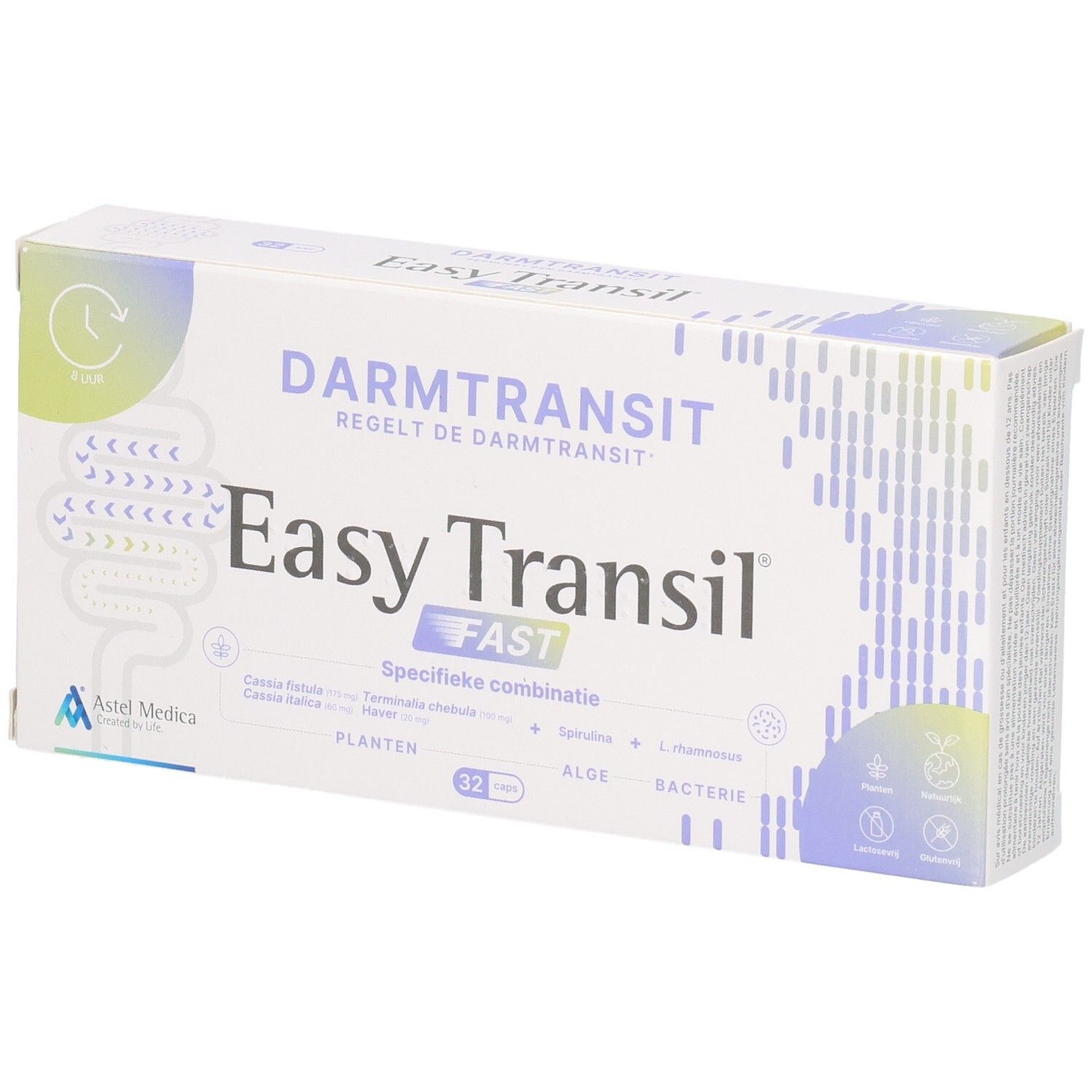 Verpackung von Easy Transil FAST mit 32 Kapseln. Zeigt Darmgrafik und Inhaltsstoffe wie Pflanzen, Algen, Bakterien.