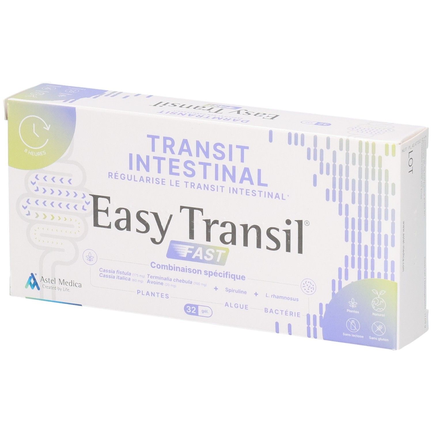 Verpackung von Easy Transil FAST für den Darmtransit. Enthält 32 Kapseln, Pflanzen, Algen und Bakterien.
