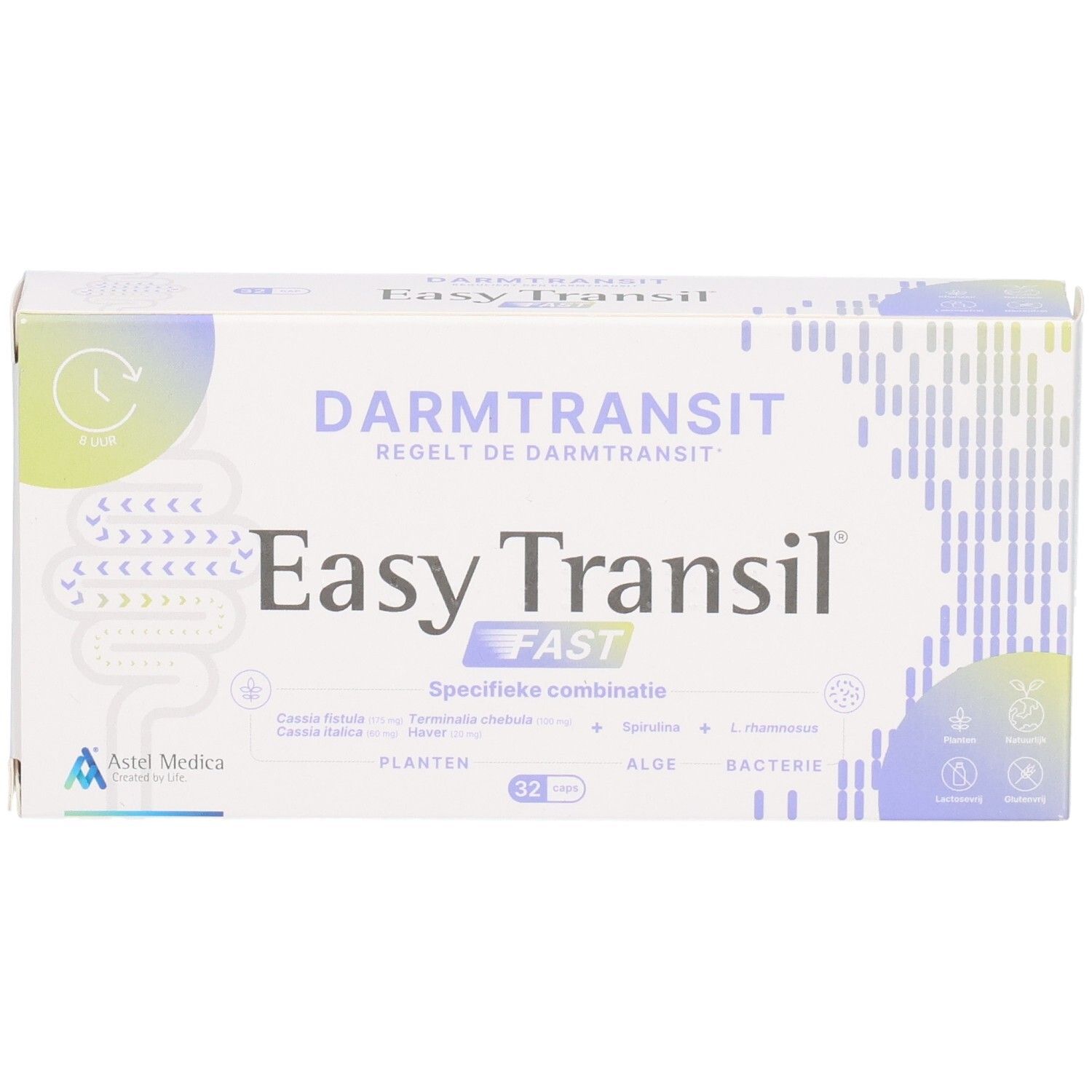 Verpackung von Easy Transil FAST mit 32 Kapseln. Zeigt Darmgrafik und Inhaltsstoffe wie Pflanzen, Algen, Bakterien.