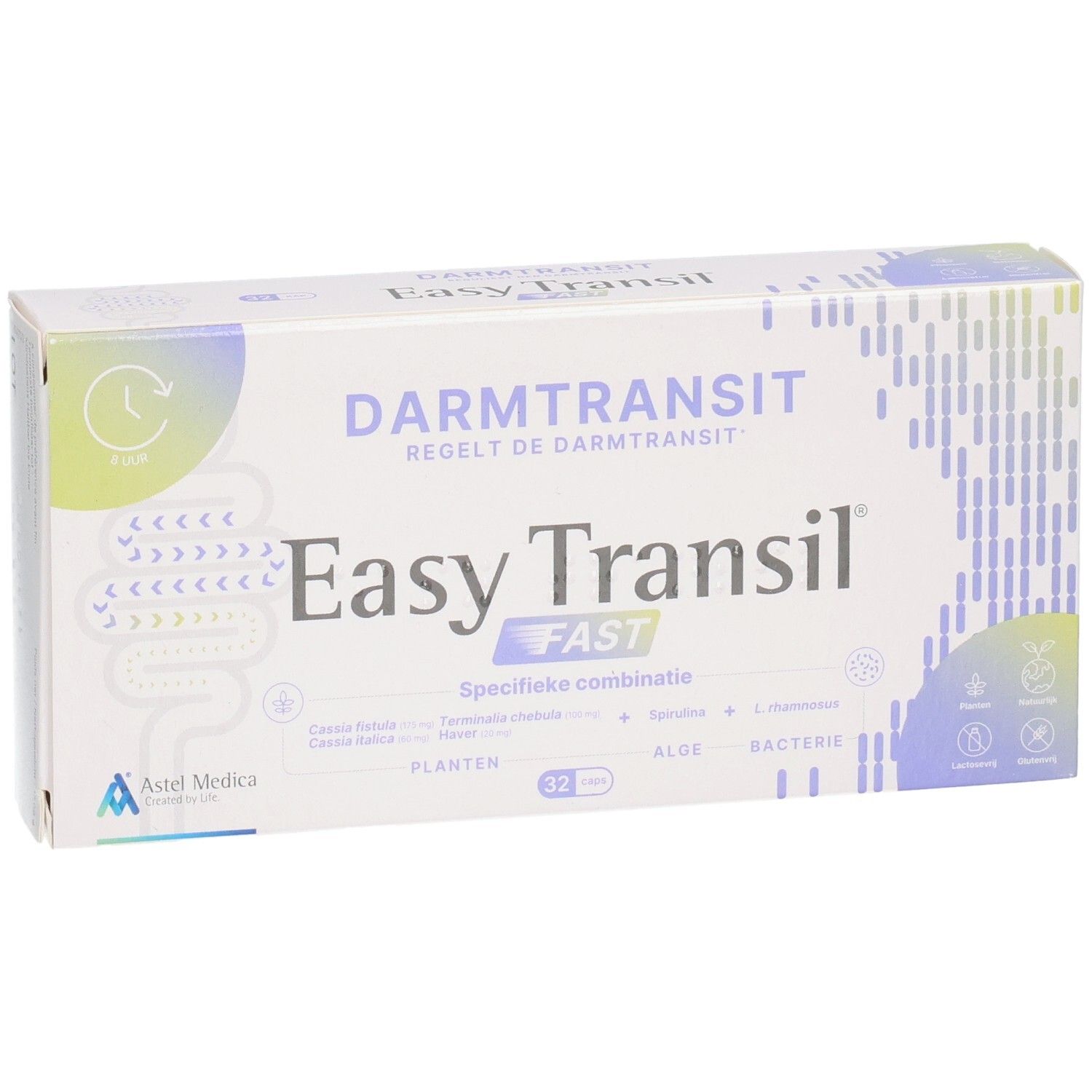 Verpackung von Easy Transil FAST mit 32 Kapseln. Zeigt Darmgrafik und Inhaltsstoffe wie Pflanzen, Algen, Bakterien.