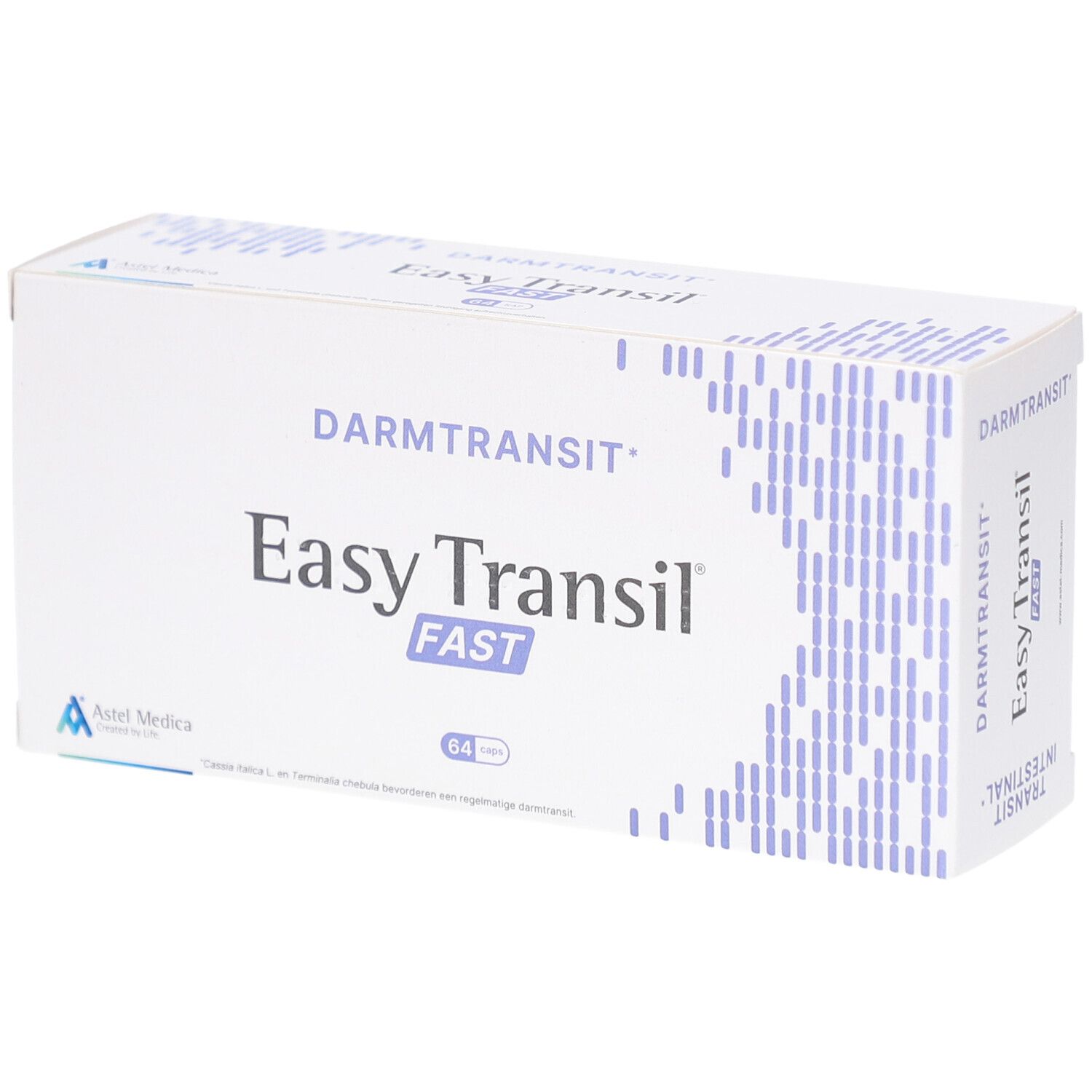 Weiße Schachtel mit Produktnamen Easy Transil FAST. Aufschrift: Darmtransit. 64 Stück. Astel Medica Logo.