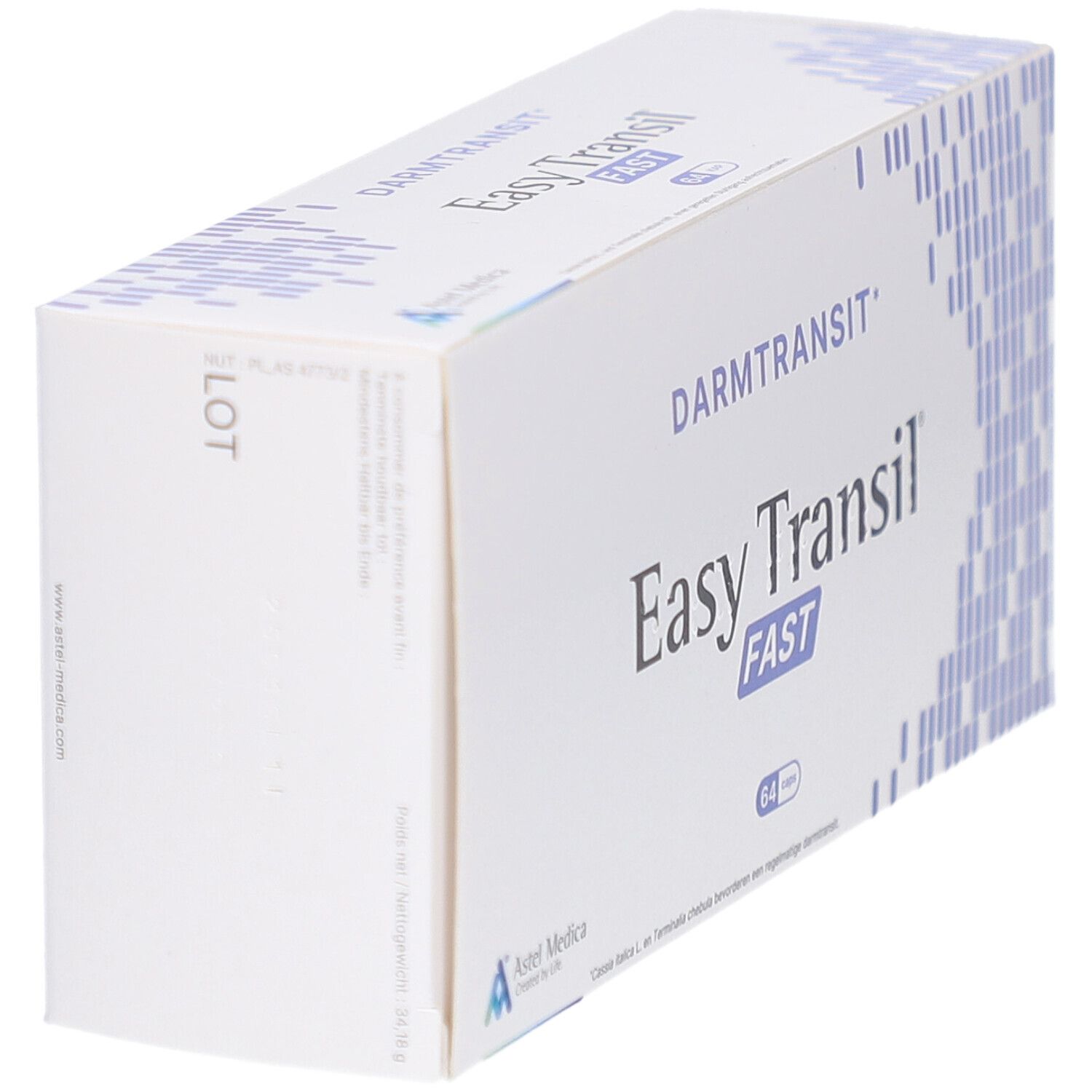 Weiße Schachtel mit Produktnamen Easy Transil FAST. Aufschrift: Darmtransit. 64 Stück. Astel Medica Logo.