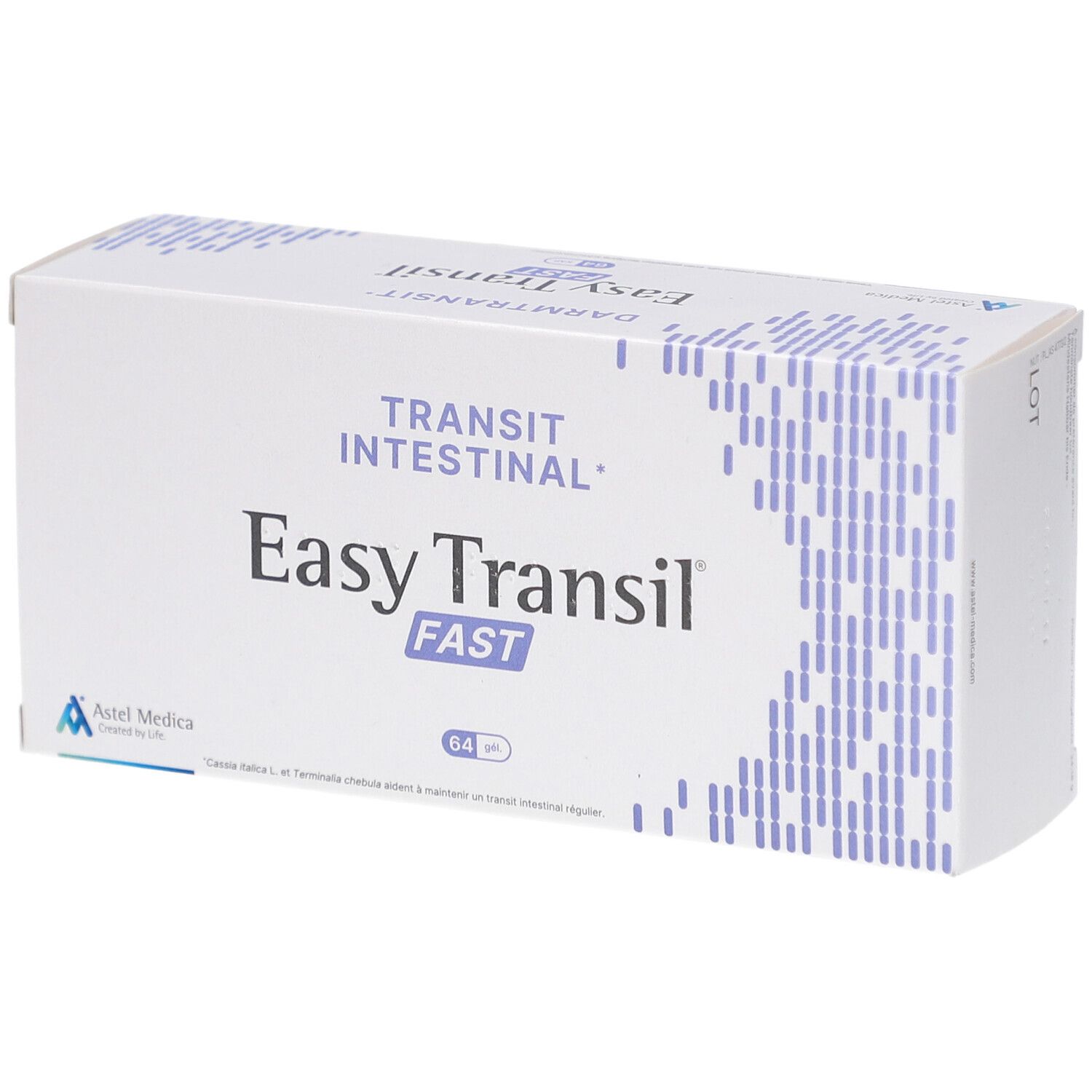 Weiße Schachtel mit Produktnamen Easy Transil FAST. Aufschrift: Transit intestinal. 64 Stück. Astel Medica Logo.