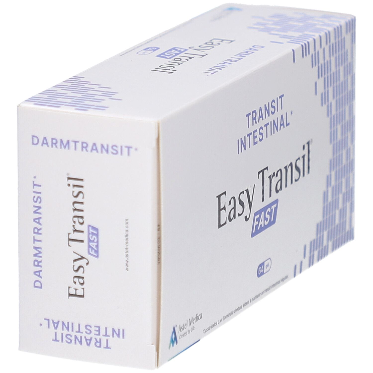 Weiße Schachtel mit Produktnamen Easy Transil FAST. Aufschrift: Transit intestinal. 64 Stück. Astel Medica Logo.