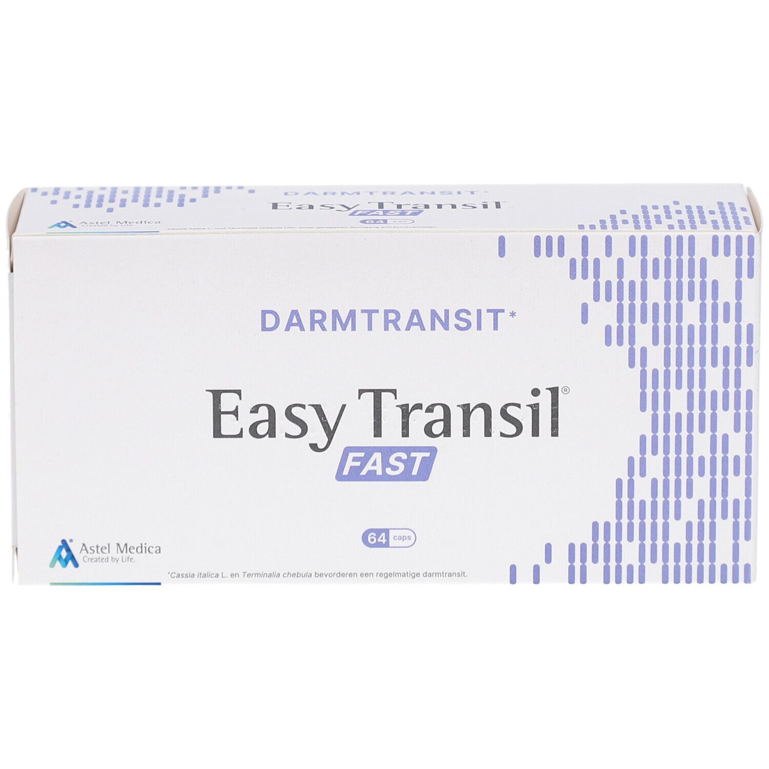 Weiße Schachtel mit Produktnamen Easy Transil FAST. Aufschrift: Darmtransit. 64 Stück. Astel Medica Logo.