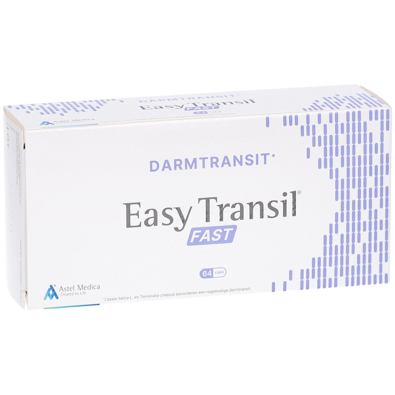 Weiße Schachtel mit Produktnamen Easy Transil FAST. Aufschrift: Darmtransit. 64 Stück. Astel Medica Logo.
