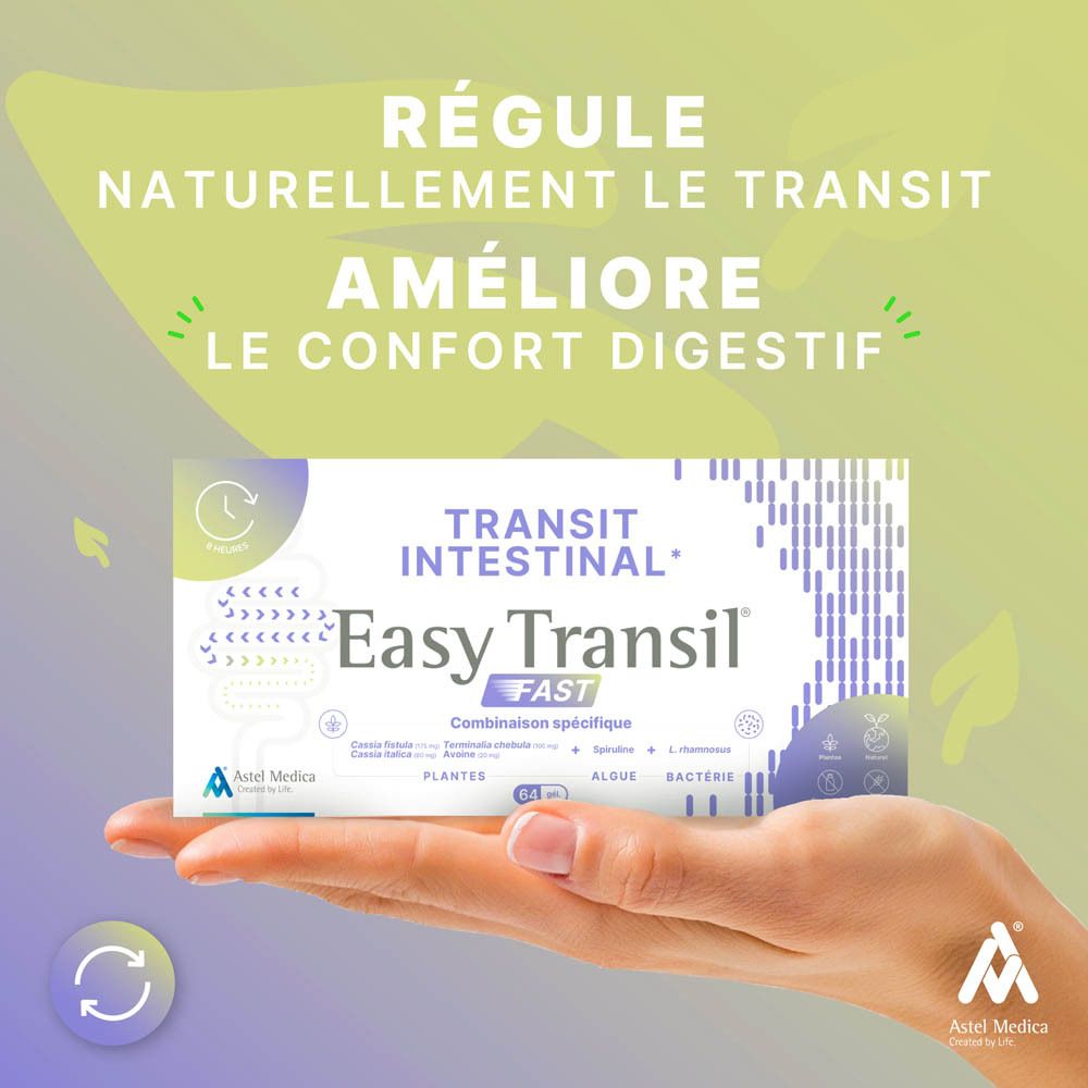 Vue latérale de l'emballage d'Easy Transil FAST, 64 capsules.