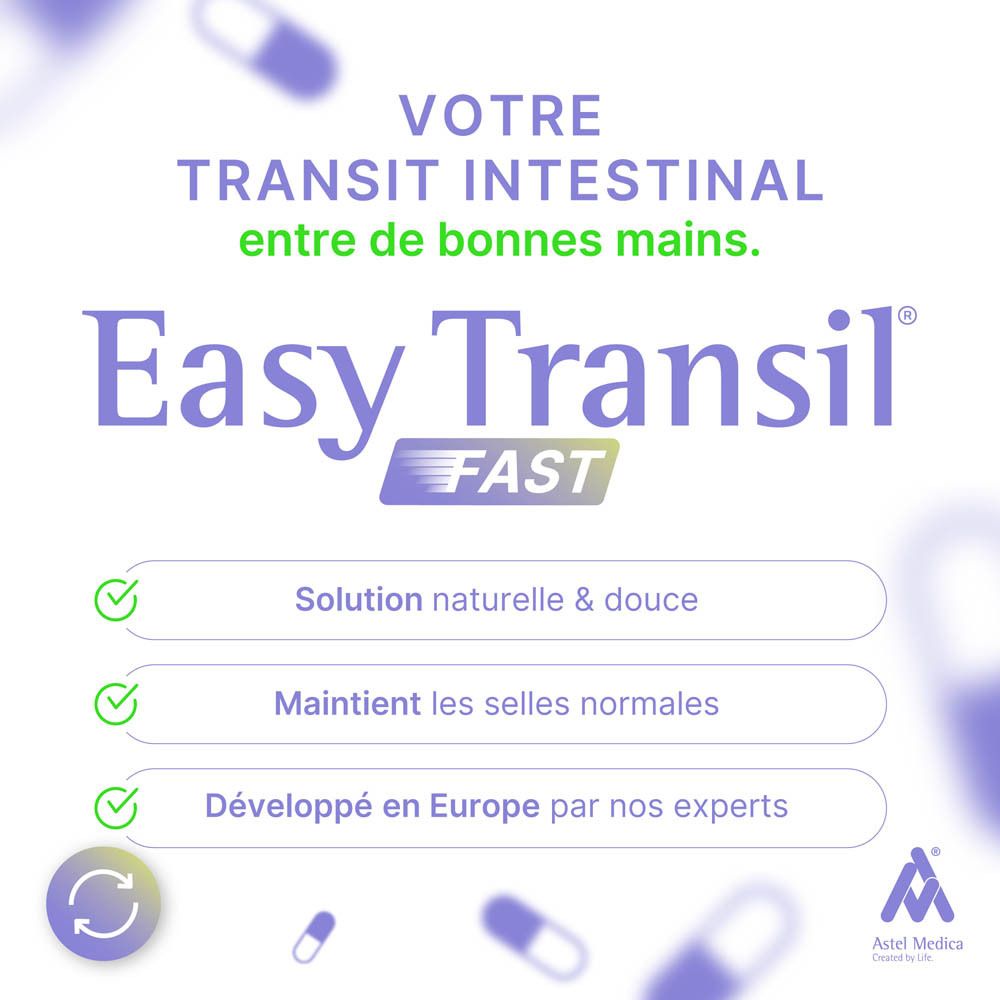 Emballage d'Easy Transil FAST, 64 capsules, avec symboles intestinaux.