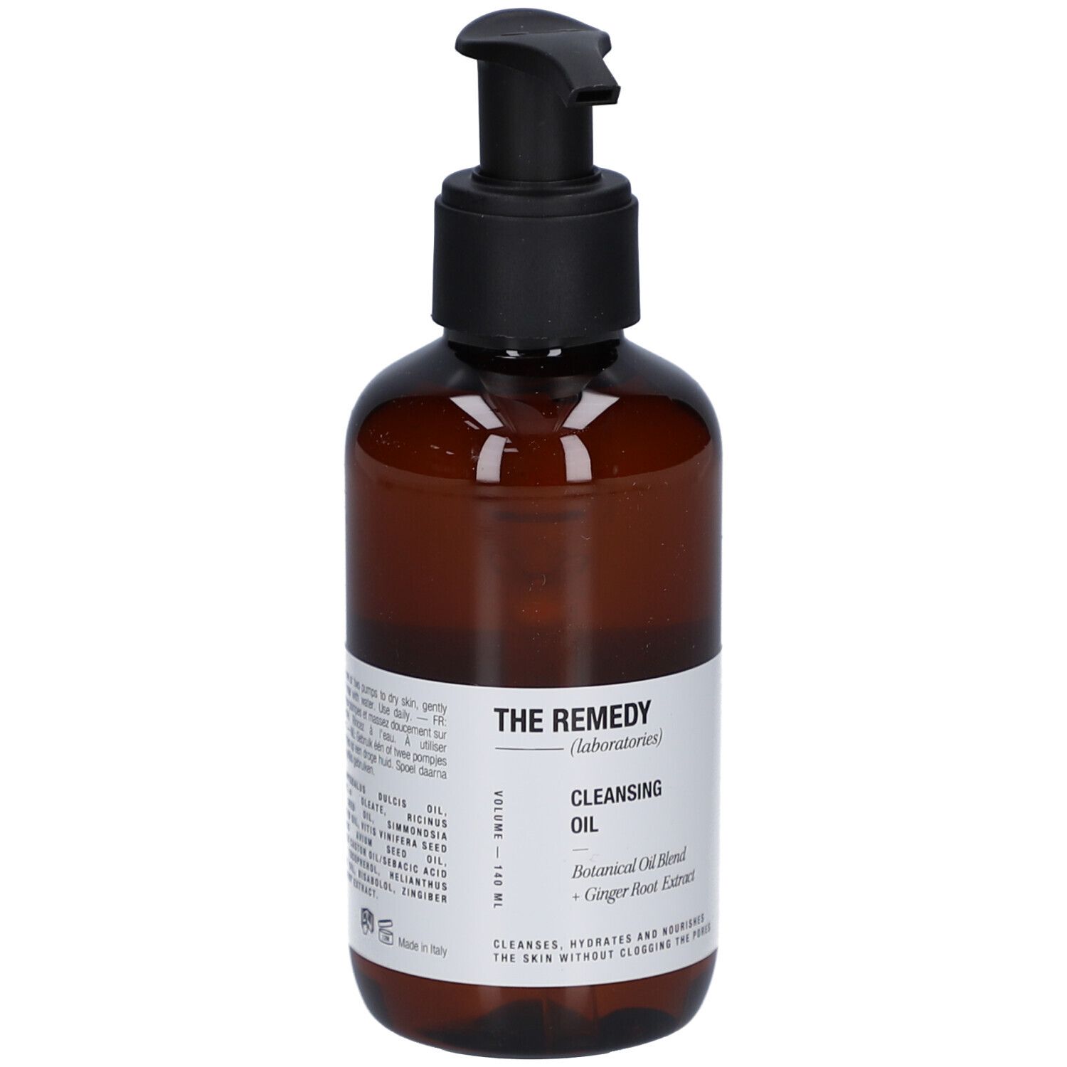 Braune Flasche mit schwarzem Pumpverschluss. Aufschrift: THE REMEDY (laboratories) Cleansing Oil. Botanischer Öl-Mix, Ingwerwurzelextrakt.